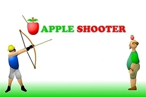 En tecknad figur med pilbåge siktar mot en uppstoppad figur med ett äpple på huvudet, samt texten Apple Shooter i färgglada bokstäver