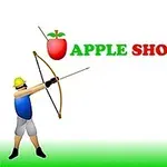 En tecknad figur med pilbåge siktar mot en uppstoppad figur med ett äpple på huvudet, samt texten Apple Shooter i färgglada bokstäver