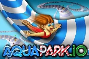 En tecknad person åker i en blåvit vattenrutschkana med färgglad text AQUAPARK