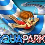 En tecknad person åker i en blåvit vattenrutschkana med färgglad text AQUAPARK
