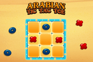 Ett tic-tac-toe-bräde med blå och röda spelpjäser på en gul bakgrund