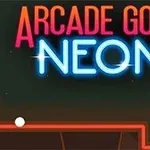 Neonfärgade bokstäver Arcade Golf Neon med en vit boll och en röd bana i bakgrunden