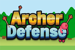 Texten Archer Defense i färgglada bokstäver med pilar och en tecknad figur mot en bakgrund av träd