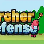 Texten Archer Defense i färgglada bokstäver med pilar och en tecknad figur mot en bakgrund av träd