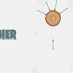 Texten ARCHER bredvid en träskiva med flera pilar i och en pil som riktas mot den