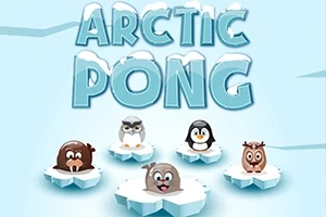 Tecknade djurfigurer, inklusive säl och pingvin, står på isflak under texten Arctic Pong