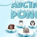 Tecknade djurfigurer, inklusive säl och pingvin, står på isflak under texten Arctic Pong