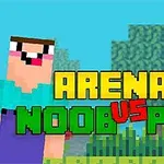 Tecknad pixelgrafik med en glad karaktär i turkos tröja och en annan i blå rustning samt texten Arena: Noob vs Pro