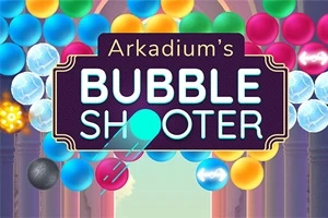 Färgglada bubblor och texten Arkadiums Bubble Shooter mot en ljus bakgrund
