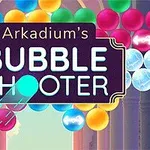 Färgglada bubblor och texten Arkadiums Bubble Shooter mot en ljus bakgrund