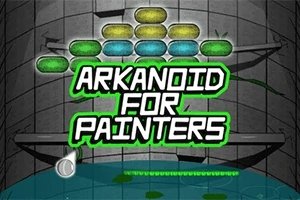 Färgglada block och texten ARKANOID FOR PAINTERS mot en grå väggbakgrund med en grön och blå detalj nedtill