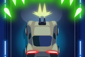 Bil med en kanon på taket som avfyrar gröna projektiler i en futuristisk miljö