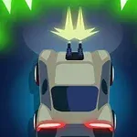 Bil med en kanon på taket som avfyrar gröna projektiler i en futuristisk miljö