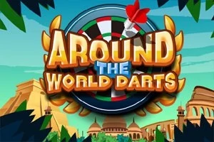 Texten Around the World Darts framför en darttavla med en pil, omgiven av exotiska byggnader och grönska