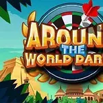 Texten Around the World Darts framför en darttavla med en pil, omgiven av exotiska byggnader och grönska