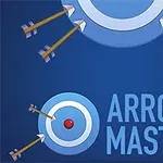 En blå bakgrund med en måltavla som träffas av pilar och texten Arrow Master