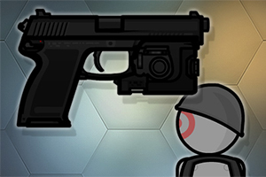 En tecknad bild med en stiliserad pistol och en grå figur med röd cirkel på huvudet mot en bakgrund med hexagonmönster