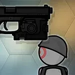 En tecknad bild med en stiliserad pistol och en grå figur med röd cirkel på huvudet mot en bakgrund med hexagonmönster