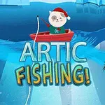En katt med tomteluva sitter i en båt och fiskar i ett arktiskt landskap med is och vatten