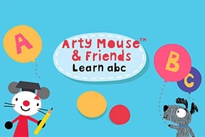 En tecknad mus med examenmössa håller en penna och en hund håller färgglada ballonger på en ljusblå bakgrund med texten Arty Mouse & Friends Learn abc