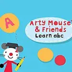En tecknad mus med examenmössa håller en penna och en hund håller färgglada ballonger på en ljusblå bakgrund med texten Arty Mouse & Friends Learn abc