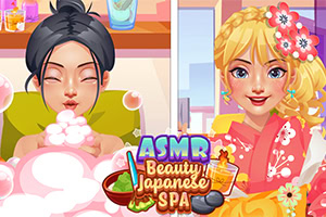 Två tecknade kvinnor i ett spa, varav en njuter av ett bubbelbad och den andra klädd i en traditionell japansk dräkt med blommor i håret