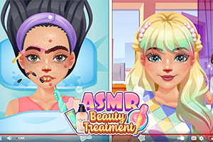 Två tecknade figurer visas i delad bild, där den vänstra figuren får en skönhetsbehandling och den högra är redan stylad, med texten ASMR Beauty Treatment i förgrunden