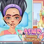 Två tecknade figurer visas i delad bild, där den vänstra figuren får en skönhetsbehandling och den högra är redan stylad, med texten ASMR Beauty Treatment i förgrunden
