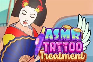 En tecknad geisha-karaktär hållandes en solfjäder med texten ASMR Tattoo Treatment i färgglada bokstäver