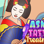 En tecknad geisha-karaktär hållandes en solfjäder med texten ASMR Tattoo Treatment i färgglada bokstäver