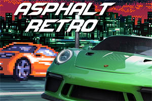 En grön sportbil i förgrunden och en pixlad stadssilhuett med en orange bil i bakgrunden, med texten Asphalt Retro ovanför
