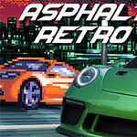 En grön sportbil i förgrunden och en pixlad stadssilhuett med en orange bil i bakgrunden, med texten Asphalt Retro ovanför