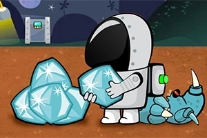 En tecknad astronaut i rymddräkt håller stora diamanter på en främmande planet med en liten blå drake som ligger bredvid