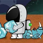 En tecknad astronaut i rymddräkt håller stora diamanter på en främmande planet med en liten blå drake som ligger bredvid