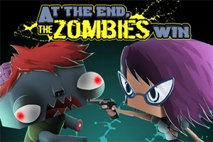 En tecknad zombie med rött hår och stora ögon stirrar mot en kvinna med lila hår och glasögon som håller en pistol, med texten At the end, the zombies win ovanför