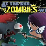 En tecknad zombie med rött hår och stora ögon stirrar mot en kvinna med lila hår och glasögon som håller en pistol, med texten At the end, the zombies win ovanför