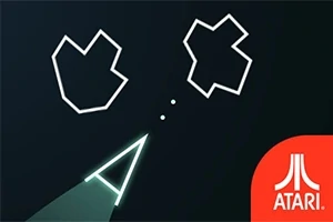 Ett rymdskepp i en enkel grafisk stil skjuter på två polygonformade asteroider, med Atari-logotypen i det nedre högra hörnet