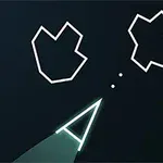 Ett rymdskepp i en enkel grafisk stil skjuter på två polygonformade asteroider, med Atari-logotypen i det nedre högra hörnet