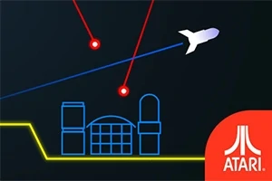 Rymdskepp skjuter röda och blå laserstrålar över en stiliserad grafik av byggnader, med Atari-logotypen i hörnet