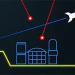 Rymdskepp skjuter röda och blå laserstrålar över en stiliserad grafik av byggnader, med Atari-logotypen i hörnet