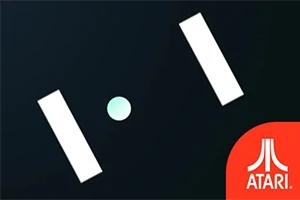 Två vita rektanglar på varsin sida av en ljus punkt mot en mörk bakgrund med Ataris logotyp i det nedre högra hörnet