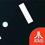 Två vita rektanglar på varsin sida av en ljus punkt mot en mörk bakgrund med Ataris logotyp i det nedre högra hörnet