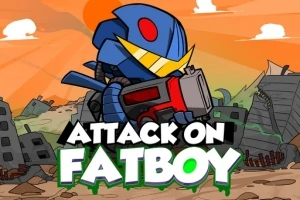 En tecknad robot med blå rustning och stort vapen står framför en bakgrund av förstörda byggnader och en orange himmel, med texten ATTACK ON FATBOY längst ner
