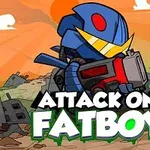 En tecknad robot med blå rustning och stort vapen står framför en bakgrund av förstörda byggnader och en orange himmel, med texten ATTACK ON FATBOY längst ner