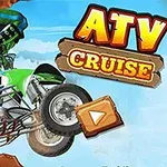 En fyrhjuling med en förare i blå kläder hoppar över ett hinder mot en blå himmel med texten ATV Cruise