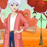 En tecknad figur med kort vitt hår och rosa kappa står i en höstlig park med bänkar och gatlyktor
