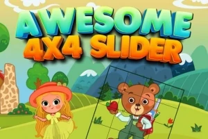 Tecknad landskapsscen med en flicka i gul klänning och en nallebjörn bredvid texten Awesome 4x4 Slider