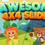 Tecknad landskapsscen med en flicka i gul klänning och en nallebjörn bredvid texten Awesome 4x4 Slider