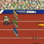 En tecknad figur med tennisrack springer på en hinderbana med olika objekt på en löparbana