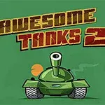 Grön tecknad stridsvagn med stora däck på en grön bakgrund med texten Awesome Tanks 2 i stora bokstäver
